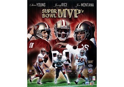 Joe Montana/ Jerry Rice/ Steve Young Triple Signed 49ers SB MVPs 16x20 Photo (MM Auth)